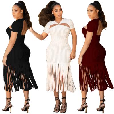 China 2022 Fashions QUICK DRY Shorts Sleeve Hollow Chest Wrap Tassel Bodycon Dresses Women for sale