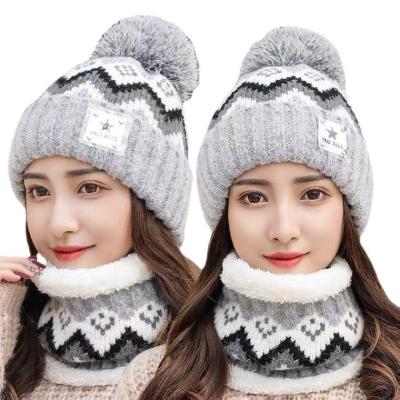 China New COMMON Warm Winter Pom Beanies Hat and Scarf Set Thicken Knit Hat Cycling Ski Skull Cap Neck Warmer Winter Hat and Scarf for Women for sale