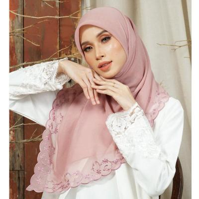 China Hot Sale 2 Section Embroidery Chiffon Muslim Hijab Qaseh Sulam Shawl Malaysia Tudung Bawal Long Single Sided Heavy Lace Scarves for sale