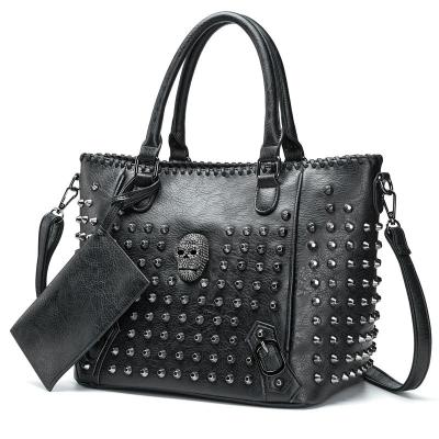 China Fashion PU Street Lady Purse Handbag With Leather Wallet, Elegant One Shoulder Cross - Body Rivet Skull Head Tote Bag For Women for sale