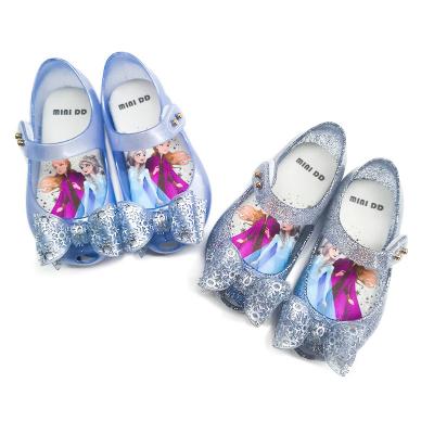 China Cute Princess Bow Elsa Shoes For Girls Plastic Jelly Flat Sandal Frozen MINI Dual Density Kids Summer Classic Fancy Waterproof Sandals for sale