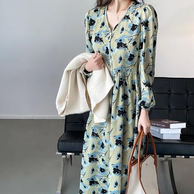 China 2022 Anti-Static Spring And Autumn Elegant Casual Retro Large Flower Print Chiffon Dress For Women for sale