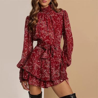 China Spring and Autumn Fashion Elegant Casual Floral Anti-Static Round Tie Neck Ruffle Dress for sale