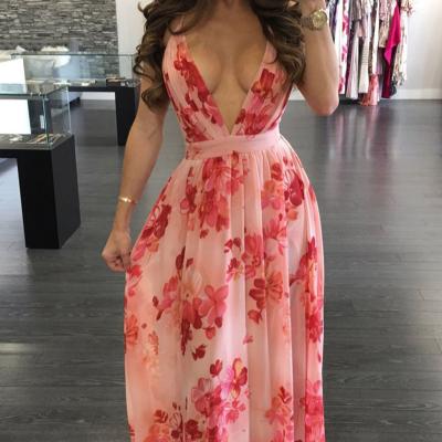 China Sexy Deep Spring/V-neck Backless Chiffon Dress Anti-Static Mid Length Women Summer Fashion for sale