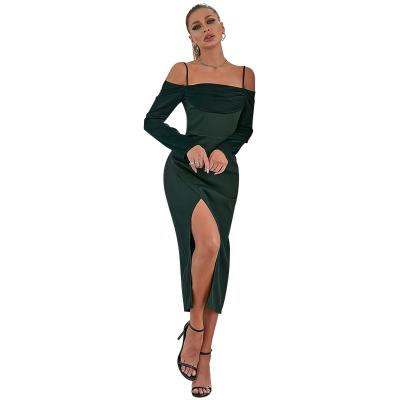 China New Fashion Anti-Static Sexy One-Shoulder High Split Long Sleeve Mid Length Dark Green Dress for sale