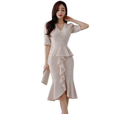 China 2022 anti-static spring and summer new Korean version of fashion model temperament elegant thin v-neck dress professional women for sale