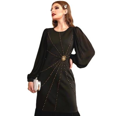 China New Arrival Party Maxi Dres For Women Black Slim Moroccan Dubai Luruxy Diamond Beading Lantern Sleeve Stretch Clothes Eid BA604 for sale