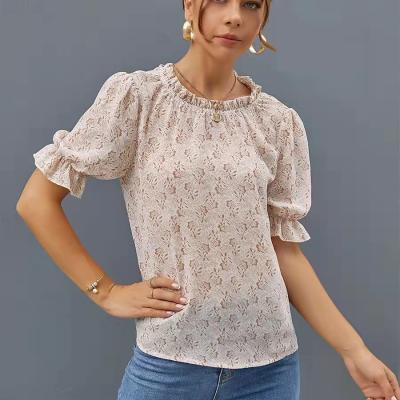 China Anti-wrinkle stain 2022 summer loose floral puff sleeve chiffon short shirt for ladies for sale