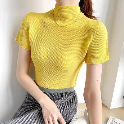 China All-match Solid Color Self-cultivation Temperament Fashion Anti-wrinkle Ladies Collar Short-sleeved T-shirt Half Stretch Half-rise for sale