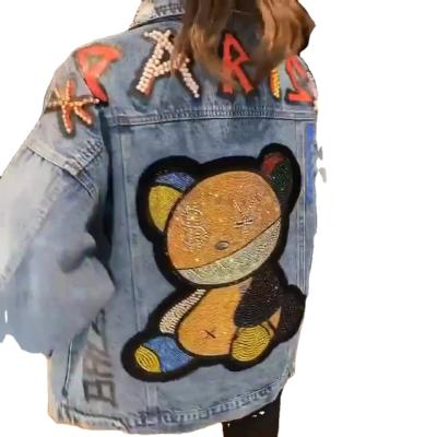 China 2020 heavy beading rhinestone women jeans jacket QUICK DRY plus size loose fitting blue jeans women's jackets for sale