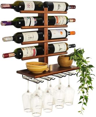 China Wall Mounted Wine Rack Wine Rack with Shelf for 8 Wine Bottles and Glasses - Rustic Wooden Wine Glass Floating Rack with Stemware Hanger for sale