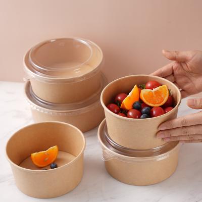 China Disposable Salad Bowl Take Away Custom Disposable Brown Kraft Paper Disposable Soup Bowl Salad Bowls With Lids for sale