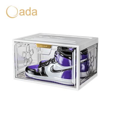 China Sustainable Rectangle DIY Stacking Transparent Portable Drop Front Organizer Plastic Shoe Box Display Foldable Shoe Tidy Container for sale