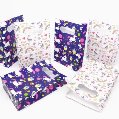 China Custom Beautiful New Disposable Blue Pink Unicorn Design Paper Handle Bag For Birthday Kids Gifts Supplies for sale