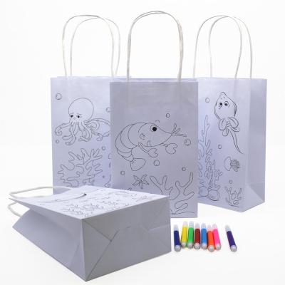 China Recyclable DIY Doodle White Paper Bag Ocean Theme With Color Pen For Kids Party Toy Gift Bag for sale