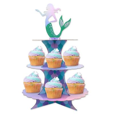 China New product 3 tier cake carriaged paperboard mermaid party decoration cupcake cake stand for cupcake supplies for sale