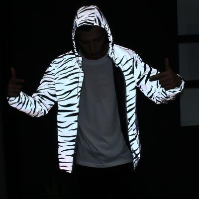 China Newest Plus Size Design Fashion Streetwear High Reflect Zebra Luminous Silver Stripe Light Motorcycle Men Anorak Safety Reflective Jacket for sale