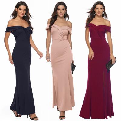 China Anti-Wrinkle Bridesmaids Dress V Neck Long Slit Dress Off The Shoulder Feast Party Formal Dresses for sale