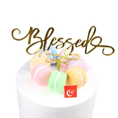 China Morden TX Blessed Gold Mirror Acrylic Cake Topper For Wedding Party Sign Christmas Bling Cake Topper for sale