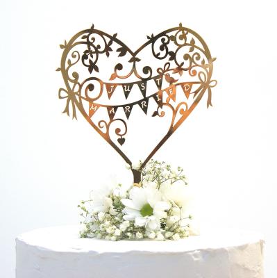 China Wedding Favors TX Just Married Beautiful Laser Cut Gold Mirror Cake Topper For Fashion Romantic Luxury Wooden Acrylic Wedding Decoration for sale