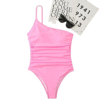 China Other Latest Design 2022 Fashion Solid Color Mesh One Shoulder Sexy Thong One Piece Swimsuit for sale