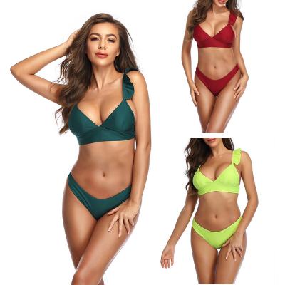 China Beautiful solid color split swimsuit female pure sexy bikini removable padded triangular split swimsuit for sale