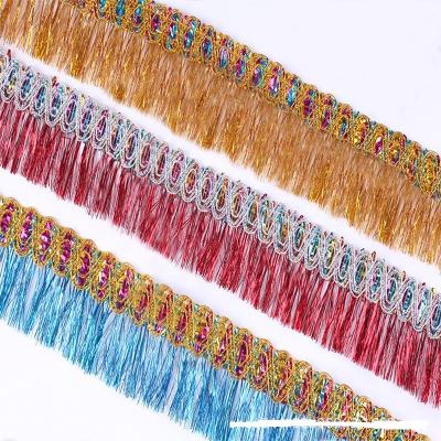 China Bags Sewing Accessories Lace Up Glitter Metallic Gold Colors Tassel Fringe Skirt Edge Border Silver Multi Ethnic Lace Trim for sale