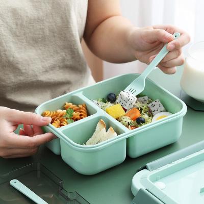 China High Quality Thickened Plastic Portable Food Container Bento Box 3 Compartment Seal Freshness Keeping Lunch Boxes With Cutlery Fork Spoon for sale