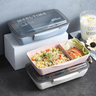 China High Quality 800ml Rectangular Wheat Straw Bento Food Container Meal Prep Lunch Box Fresh Preservation Bowl With Cutlery for sale