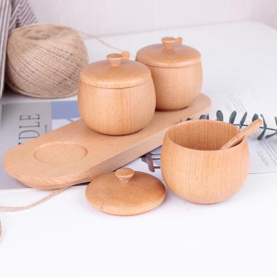 China Round Bamboo Seasoning Boxes Stocked Set Kitchen Spices Jars Storage Containers Wooden Spice Jar With Lid Spoon Tray Bamboo Salt Box for sale