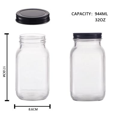 China Glass Mason Jar With Black Cap of Juice Hot Selling 4OZ 8OZ 12OZ 16OZ 25OZ 32OZ for sale