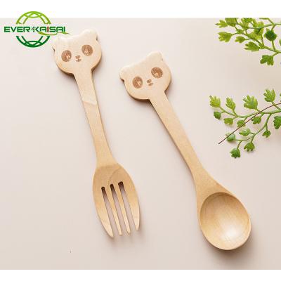 China Sustainable cute cartoon natural wooden animal cutlery spoons and forks set/wooden for kids/baby for sale