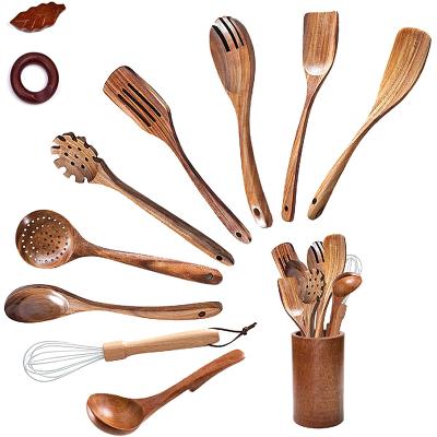 China Sustainable Teak Wood Spoons For Cooking , 12 Pieces Non Stick Kitchen Utensil Set With Wooden Utensils Holder for sale