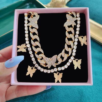 China Bling Bling Crystal Butterfly Chain Necklace Rose Gold Rhinestone Cuban Butterfly Choker Necklace Durable Luxury Hip Hop Jewelry for sale