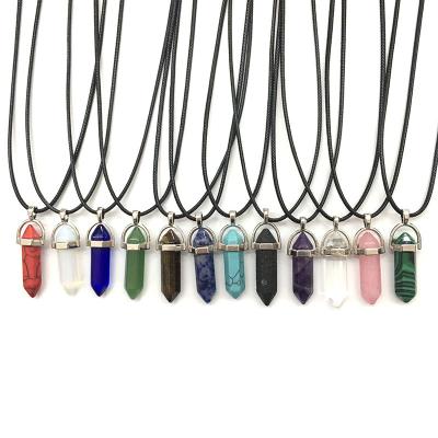 China Environmental Friendly Multicolor Hexagonal Sharp Leather Necklace Crystal Natural Stone Bullet Pendant Rope Necklace for sale