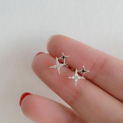 China Environmentally Friendly 925 Sterling Silver Micro Inlaid Crystal Cute Small Four-pointed Star Plating 14K Gold Stud Earrings for sale