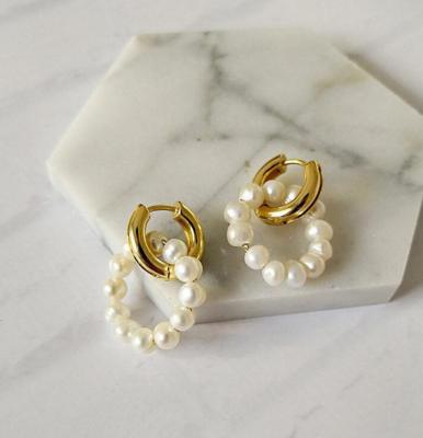 China Eco-Friendly Double Hoop Boho Pearl Hoop Earrings 18k Real Freshwater Gold Plated Hoops Pearl Earrings For Women for sale