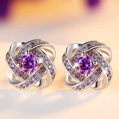 China 2022 Fashion Hot Sale 925 Sterling Silver Multicolored Purple Crystal Environmental Friendly Clover Stud Earrings for sale