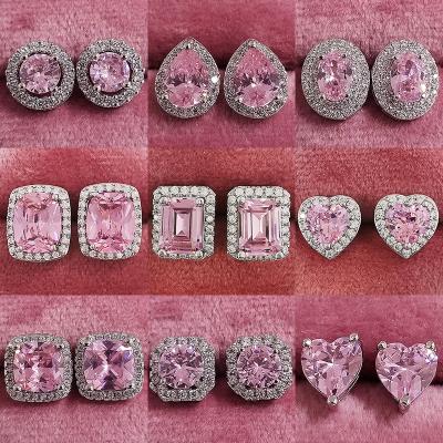 China 2022 Fashion Environmental Friendly Pink CZ Zircon Heart Studs Brass Earrings Women Square Round Geometric Earrings for sale