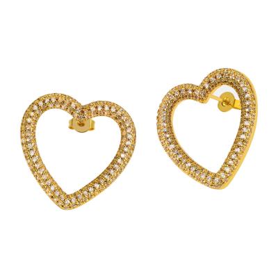 China Environmental Friendly Women 18k Gold Plated Hollow Zircon Diamond Heart Earrings Gold Plated CZ Zircon Heart Earring for sale