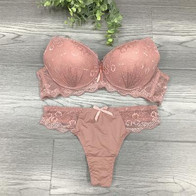 China Antibacterial hot sale women lace up bra brief set fashion lace lift up bra panty set women underwear set for sale