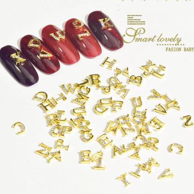 China English Letters With Rhinestone 26PCS Gold Alphabet DIY Lettering Nail Art Letters Decoration Metal Glitters With Rhinestone for sale