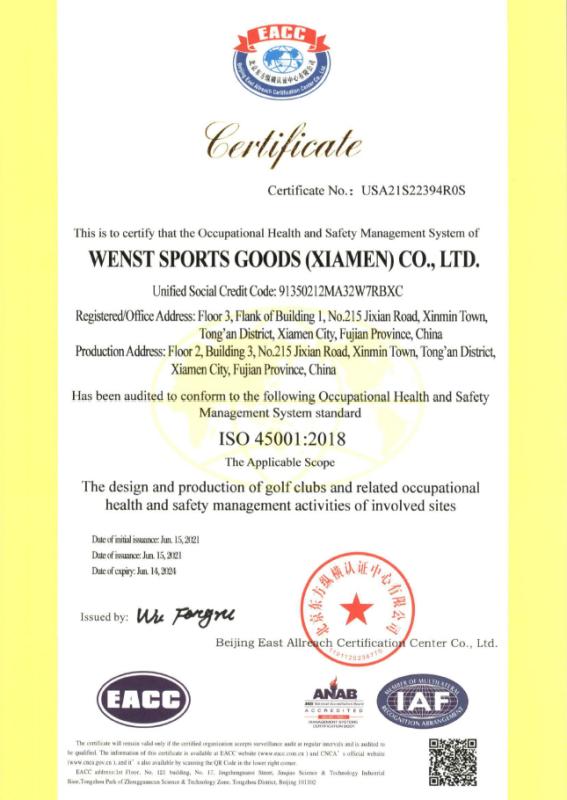 ISO 45001 - Wenst Sports Goods (xiamen) Co., Ltd.