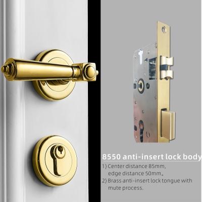 China Modern American European Luxury Brass Light Gold Lever Interior Door Interior Door Lock Bedroom Slot Solid Wood Handle A305-011 for sale