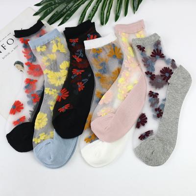 China QUICK DRY Women's Cotton Sheer Socks Summer Thin Floral Pure Crystal Glass Short Silk Socks for sale