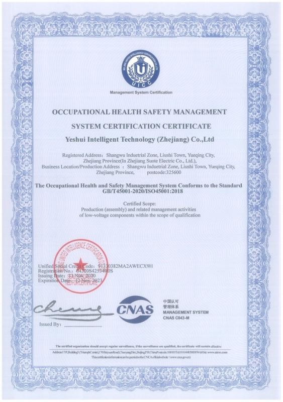 ISO45001 - Yeshui Intelligent Technology (Zhejiang) Co., Ltd.