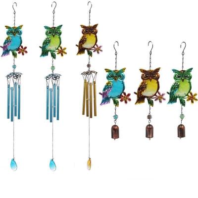 China Minimalist Creative Family Yard Iron Ornament Owl Pendant Stained Glass Wind Chimes for sale