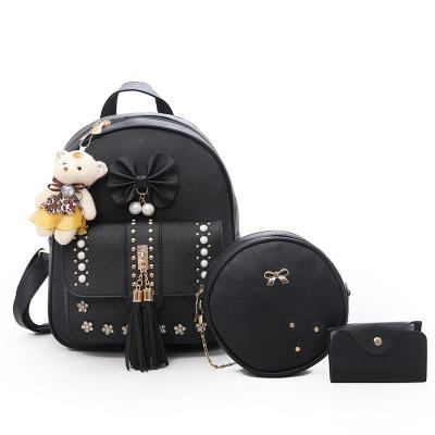 China 2021 Waterproof Wholesale Luxury Lady Bag 3 Pieces PU Tassel Set School Backpack Leather Bag Set for sale