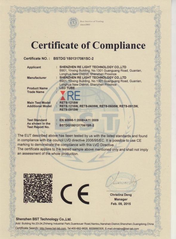 Certificate of compliance - Shenzhen RE light Technology CO.,LTD