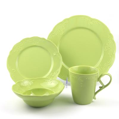 China New modern high quality disposable bone china color glazed embossed 16pcs dinner set for 4persons for sale